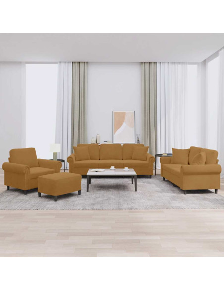 Set di Divani 4 pz con Cuscini Marrone in Velluto