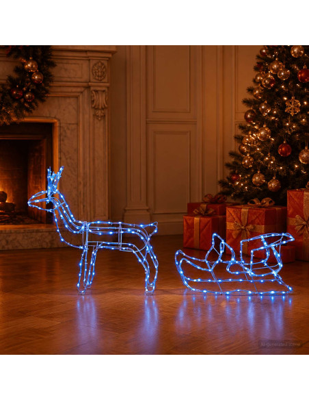Decorazione natalizia con renna e slitta LOVIISA 240 LED Blu