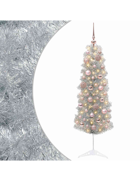 Albero di Natale Artificiale Slim con Palline 150 cm 150 LED