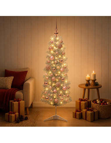 Albero di Natale Artificiale Slim con Palline 150 cm 150 LED