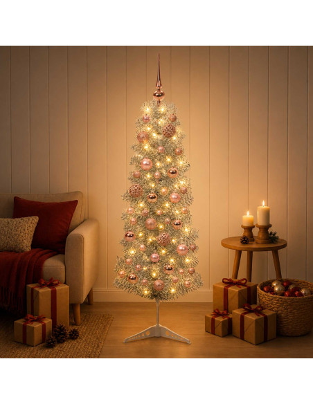 Albero di Natale Artificiale Slim con Palline 150 cm 150 LED