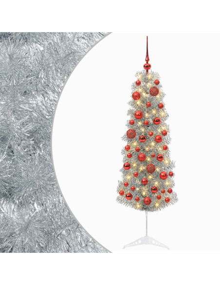 Albero di Natale Artificiale Slim con Palline 150 cm 150 LED