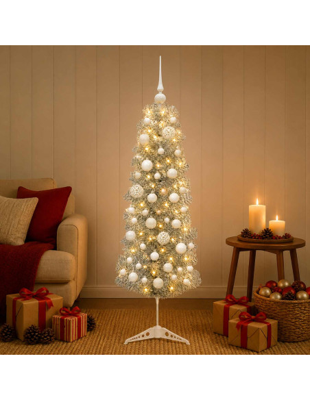 Albero di Natale Artificiale Slim con Palline 150 cm 150 LED