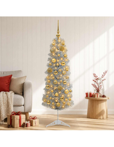 Albero di Natale Artificiale Slim con Palline 150 cm 150 LED