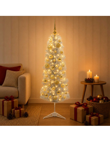 Albero di Natale Artificiale Slim con Palline 150 cm 150 LED