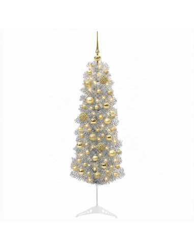Albero di Natale Artificiale Slim con Palline 150 cm 150 LED