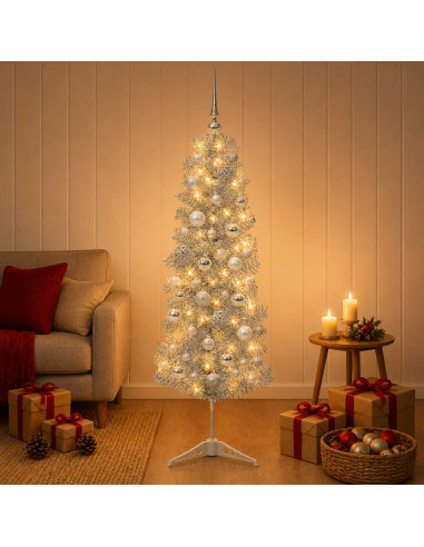 Albero di Natale Artificiale Slim con Palline 150 cm 150 LED