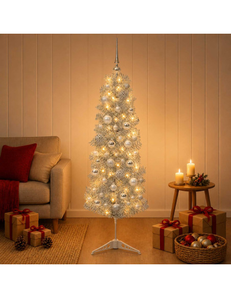 Albero di Natale Artificiale Slim con Palline 150 cm 150 LED