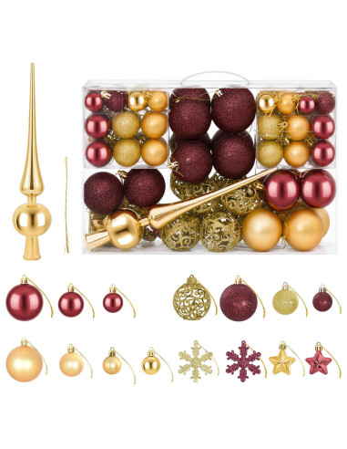 Set di Palline di Natale 111 pz Oro e rosso vino 6 cm