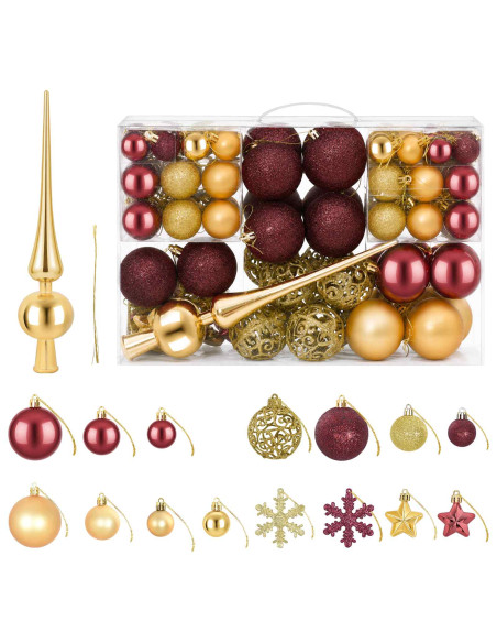Set di Palline di Natale 111 pz Oro e rosso vino 6 cm