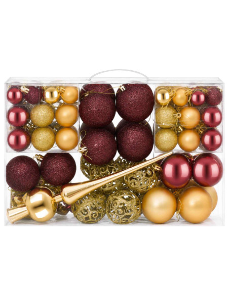 Set di Palline di Natale 111 pz Oro e rosso vino 6 cm