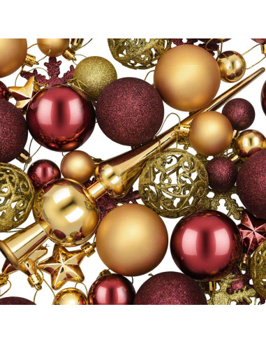Set di Palline di Natale 111 pz Oro e rosso vino 6 cm