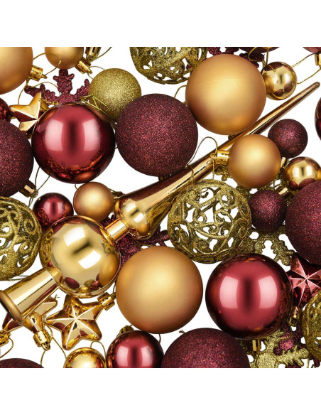 Set di Palline di Natale 111 pz Oro e rosso vino 6 cm