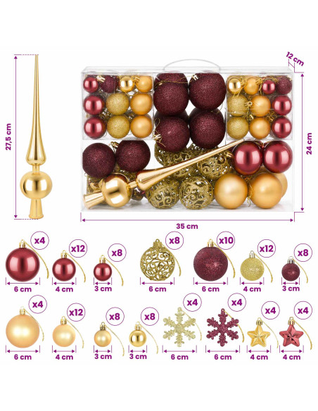 Set di Palline di Natale 111 pz Oro e rosso vino 6 cm