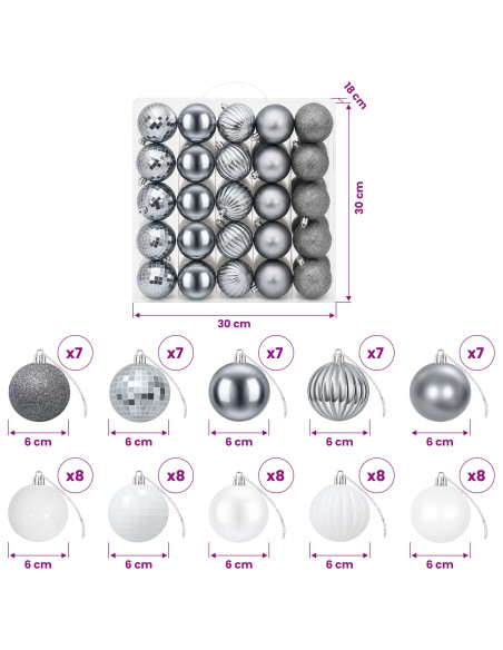 Set di Palline di Natale 75 pz Bianco e Grigio 6 cm Polistirolo