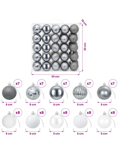 Set di Palline di Natale 75 pz Bianco e Grigio 6 cm Polistirolo