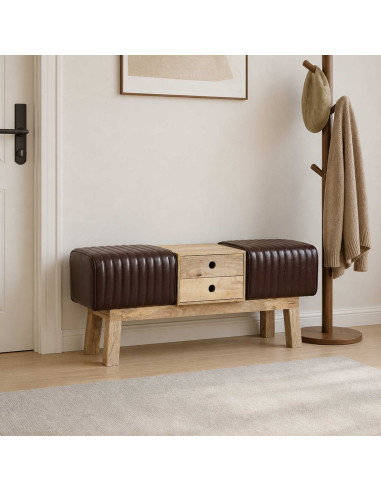 panchina 110 x 30 x 45 cm Pelle Vera Marrone Scuro