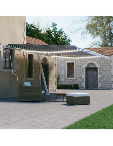 Tenda da Sole Retrattile Manuale con LED 600x300cm Blu e Bianco