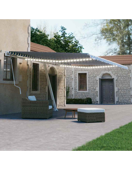 Tenda da Sole Retrattile Manuale con LED 600x300cm Blu e Bianco