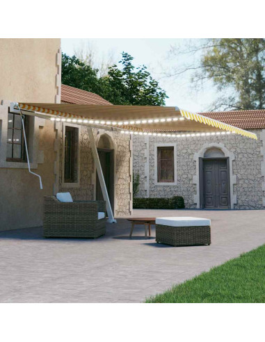 Tenda da Sole Retrattile Manuale e LED 600x300cm Gialla Bianca