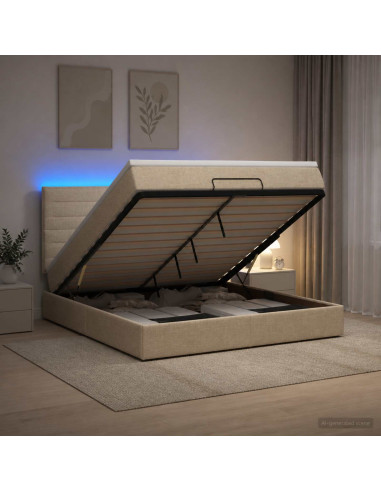 Letto Ottomano con Materasso e LED Crema 160 x 200 cm Tessuto