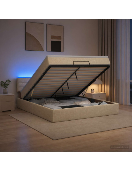 Letto Ottomano con Materasso e LED Crema 160 x 200 cm Tessuto