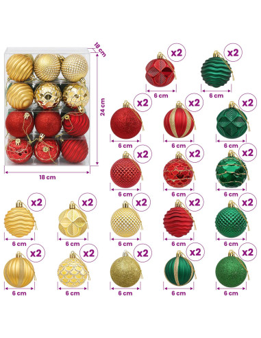 Set di palline natalizie 36 pz Rosso, oro e verde 6 cm