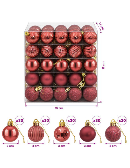 Set di Palline di Natale 150 pz Rosso Vino 3 cm Polistirolo