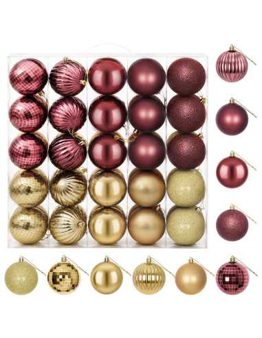Set di Palline di Natale 50 pz Oro e rosso vino 8 cm