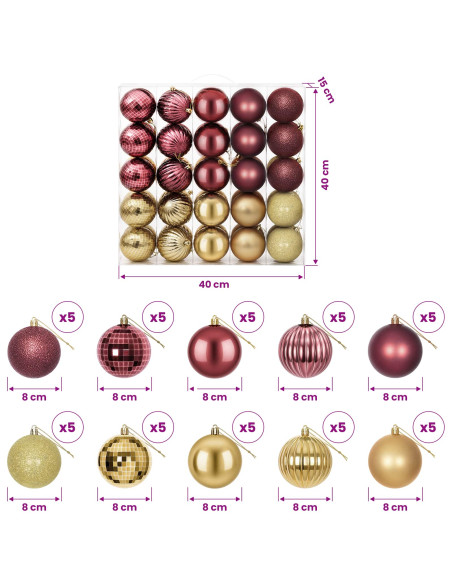 Set di Palline di Natale 50 pz Oro e rosso vino 8 cm
