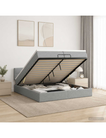 Letto ottomano con materasso Grigio Chiaro 200 x 200 cm Tessuto