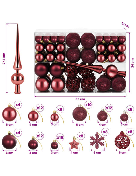 Set di Palline di Natale 111 pz Rosso Vino 6 cm Polistirolo