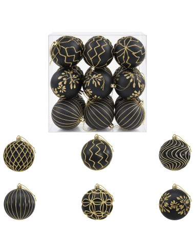 Set di palline di Natale XL 18 pz Nero e Oro 8 cm Polistirolo