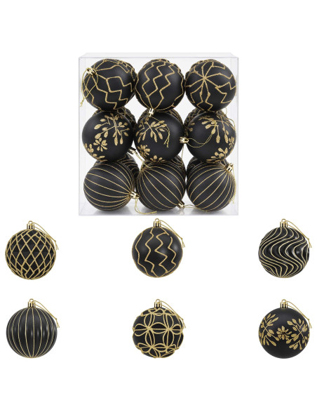 Set di palline di Natale XL 18 pz Nero e Oro 8 cm Polistirolo