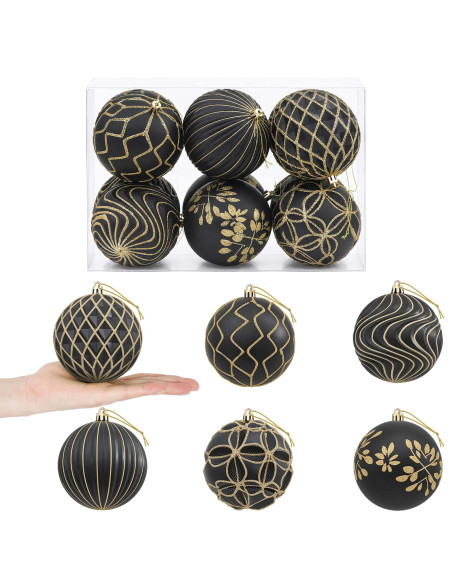 Set di palline di Natale XL 12 pz Nero e Oro 10 cm Polistirolo