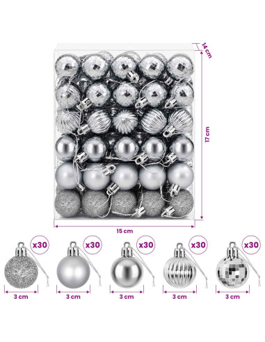 Set di Palline di Natale 150 pz Grigio 3 cm Polistirolo