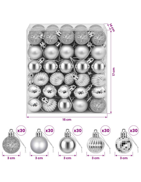 Set di Palline di Natale 150 pz Argento 3 cm Polistirolo