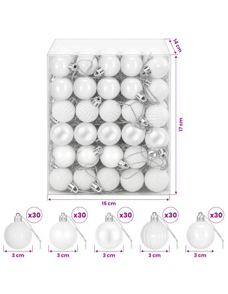 Set di Palline di Natale 150 pz Bianco 3 cm Polistirolo