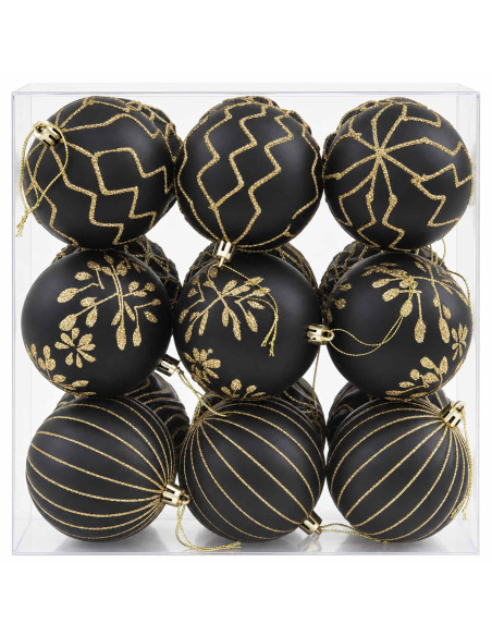 Set di palline di Natale XL 18 pz Nero e Oro 8 cm Polistirolo