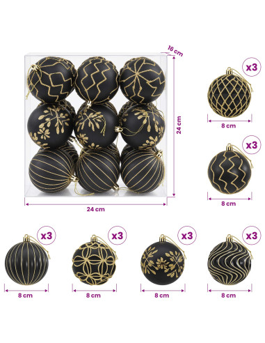 Set di palline di Natale XL 18 pz Nero e Oro 8 cm Polistirolo