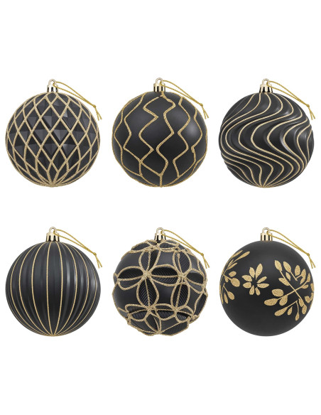 Set di palline di Natale XL 12 pz Nero e Oro 10 cm Polistirolo