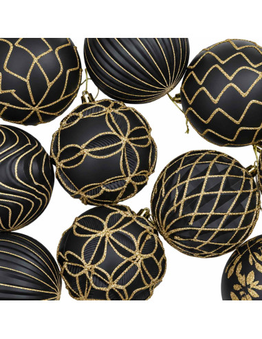 Set di palline di Natale XL 12 pz Nero e Oro 10 cm Polistirolo