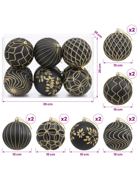 Set di palline di Natale XL 12 pz Nero e Oro 10 cm Polistirolo
