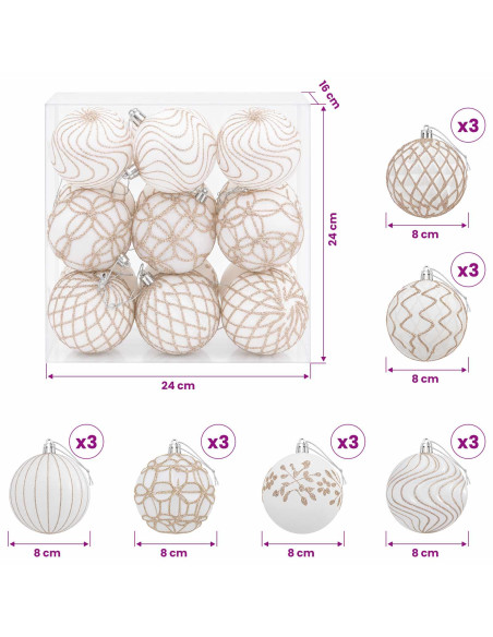 Set di palline di Natale XL 18 pz Bianco e Oro Rosa 8 cm