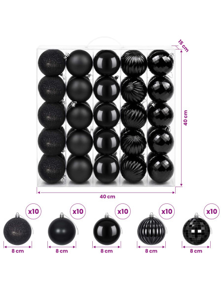 Set di Palline di Natale 50 pz Nero 8 cm Polistirolo