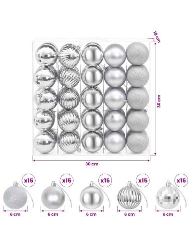 Set di Palline di Natale 75 pz Argento 6 cm Polistirolo