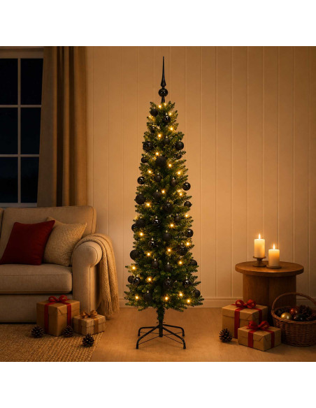 Albero di Natale Artificiale Slim con Palline 120 cm 150 LED