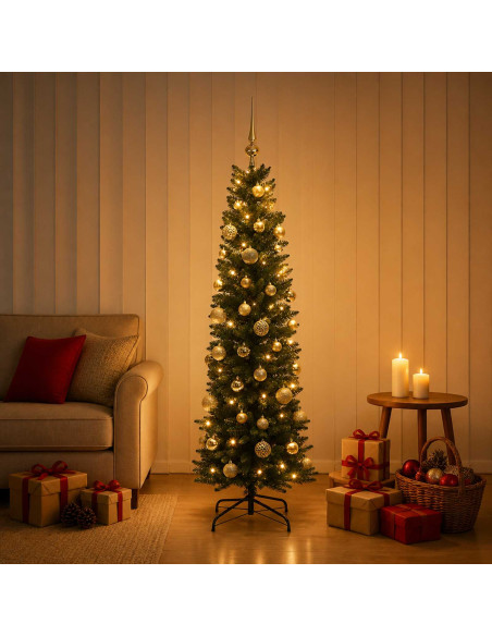 Albero di Natale Artificiale Slim con Palline 120 cm 150 LED