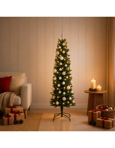 Albero di Natale Artificiale Slim con Palline 150 cm 150 LED