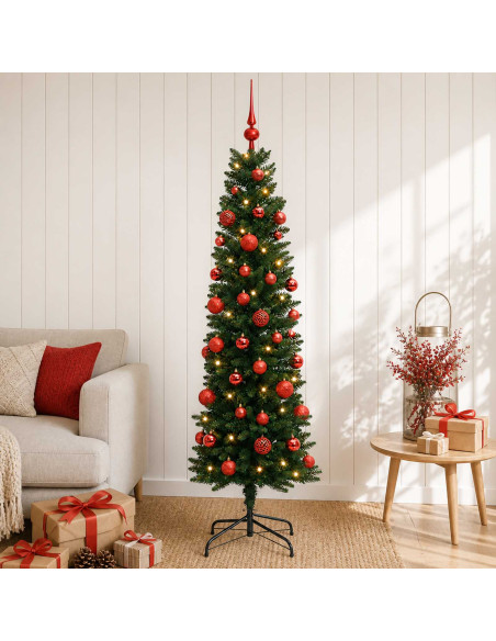 Albero di Natale Artificiale Slim con Palline 120 cm 150 LED